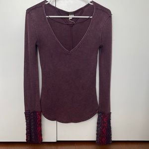 Free People Maroon Long Sleeve V Neck, Small